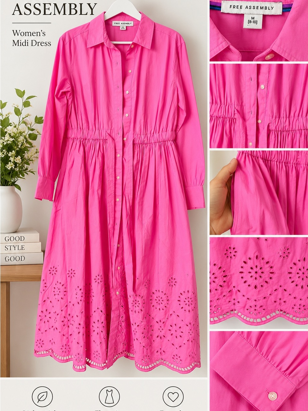 Free Assembly Fuchsia Eyelet Midi Shirt Dress NEW WITHOUT TAGS